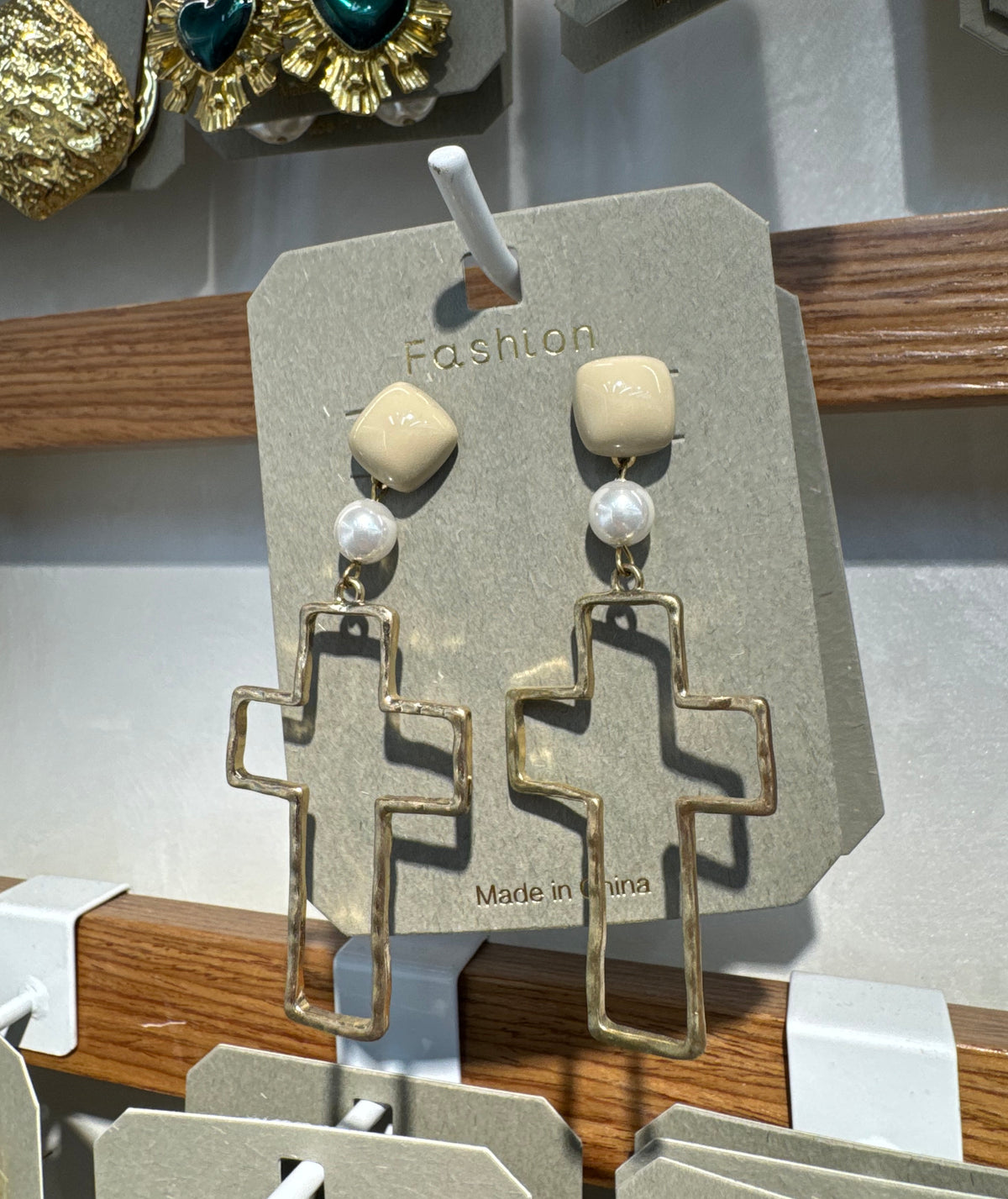 Layered Cross Pearl Earrings - W3-0332