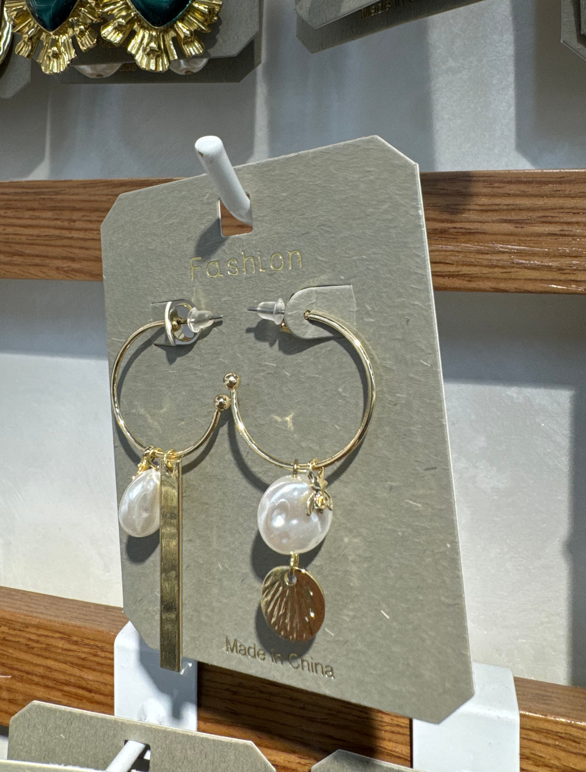 Pearl and Coin Charm Hoops - W3-0333