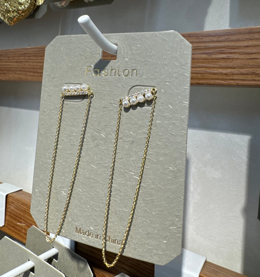 Pearl Bar Chain Loop Earrings - W3-0339
