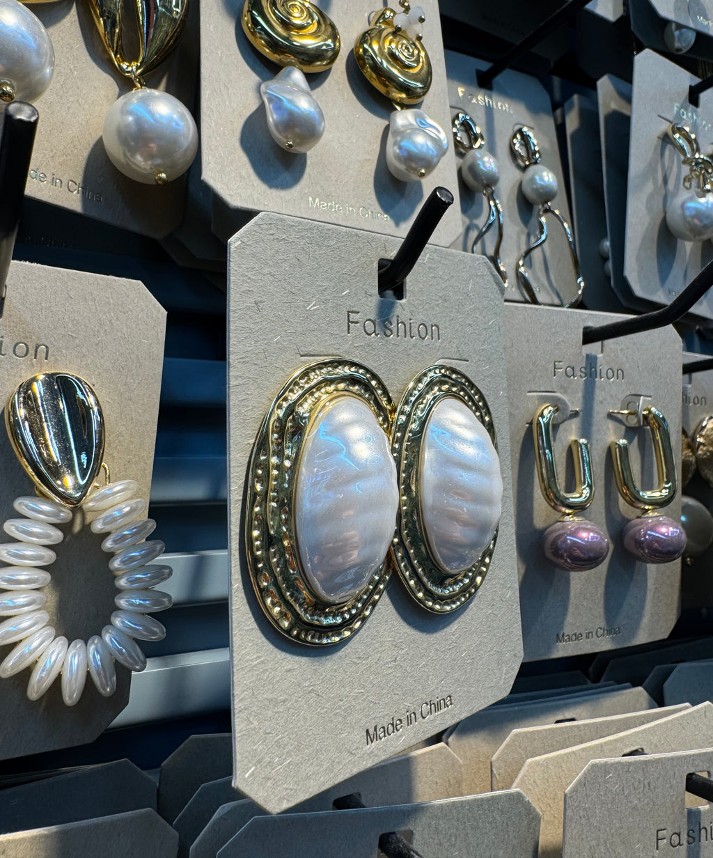 Ornate Oval Pearl Stud Earrings - W3-0363