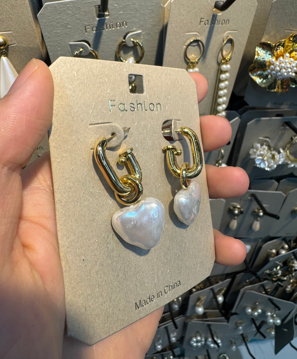 Heart Pearl Chain Link Earrings - W3-0371