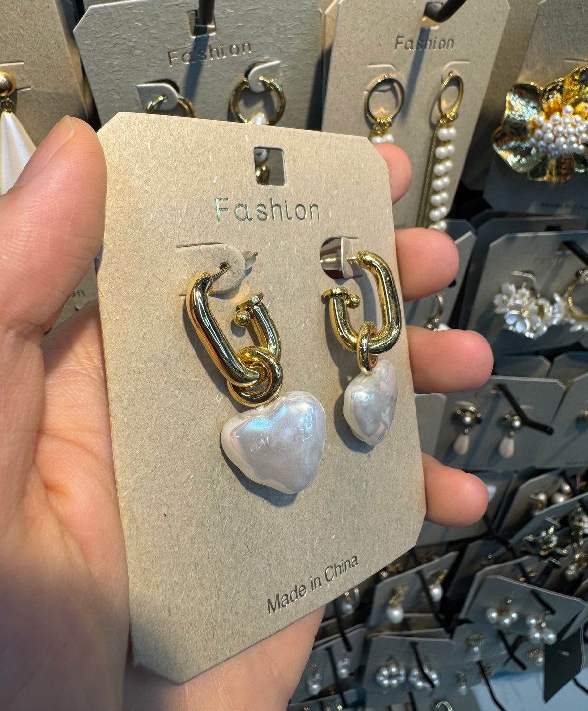 Heart Pearl Chain Link Earrings - W3-0371