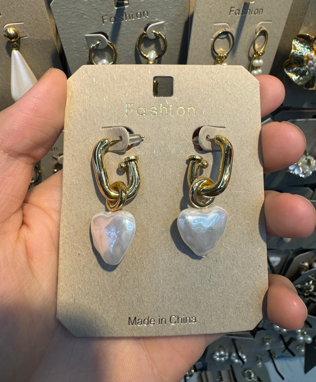 Heart Pearl Chain Link Earrings - W3-0371