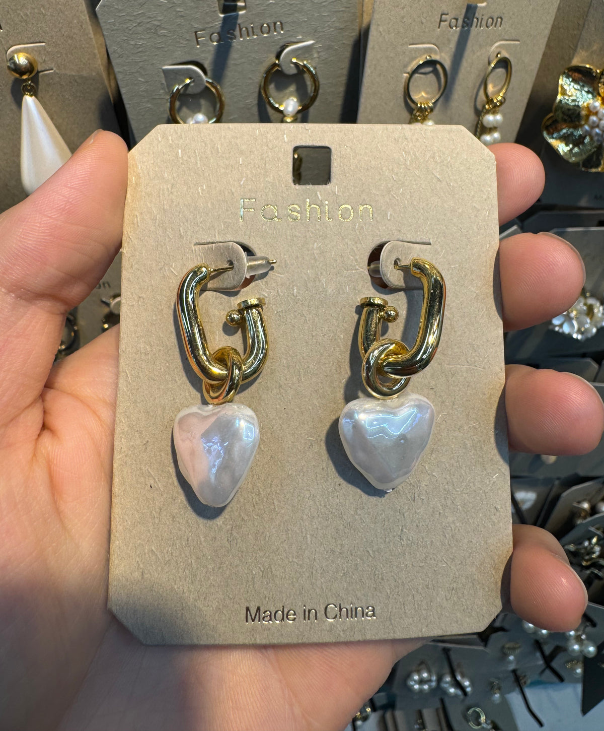 Heart Pearl Chain Link Earrings - W3-0371