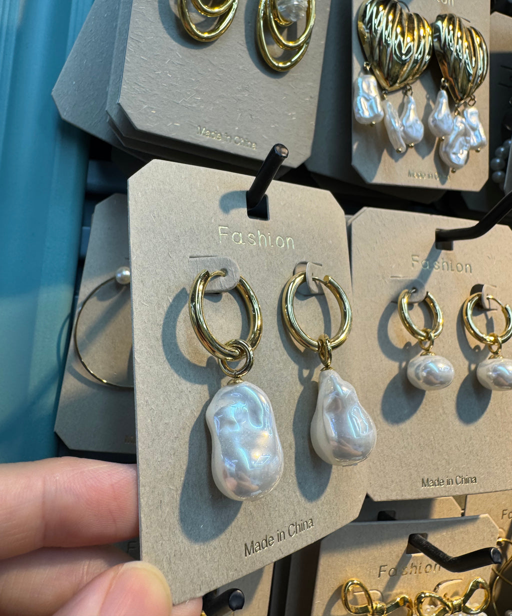 Baroque Pearl Drop Hoop Earrings - W3-0375