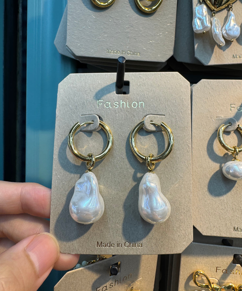 Baroque Pearl Drop Hoop Earrings - W3-0375