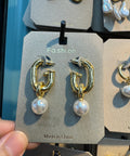 Rectangle Link Pearl Earrings - W3-0377