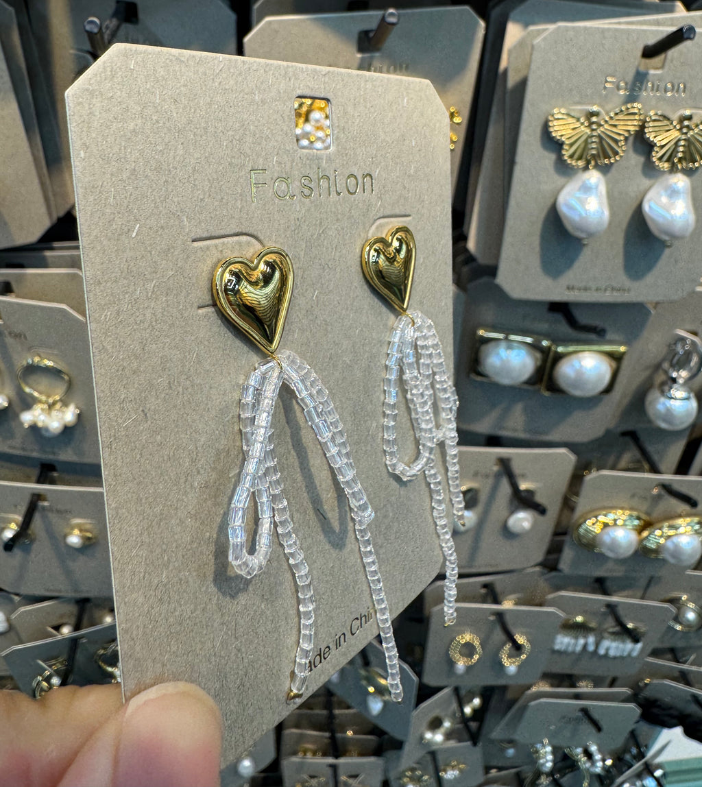 Heart Top Beaded Bow Earrings - W3-0383