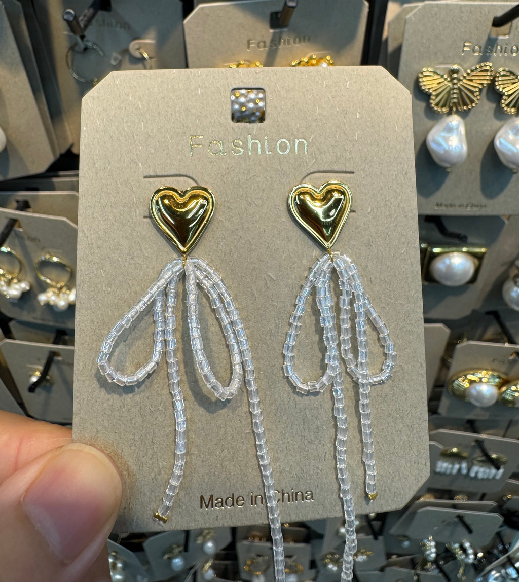 Heart Top Beaded Bow Earrings - W3-0383