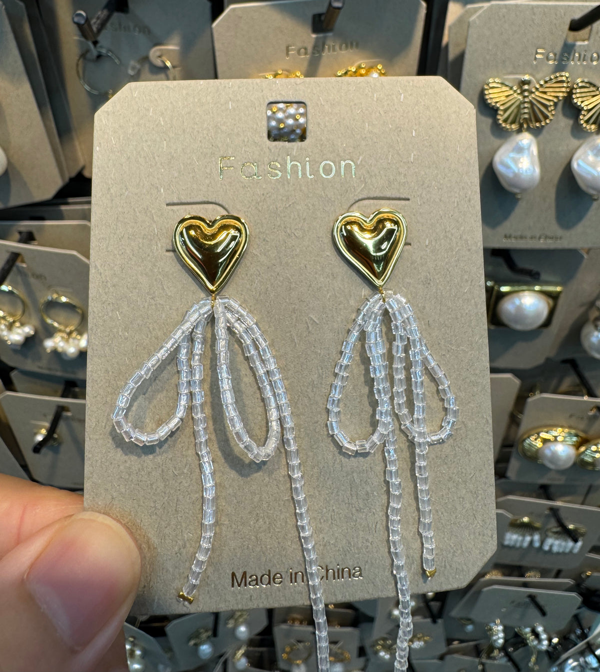Heart Top Beaded Bow Earrings - W3-0383