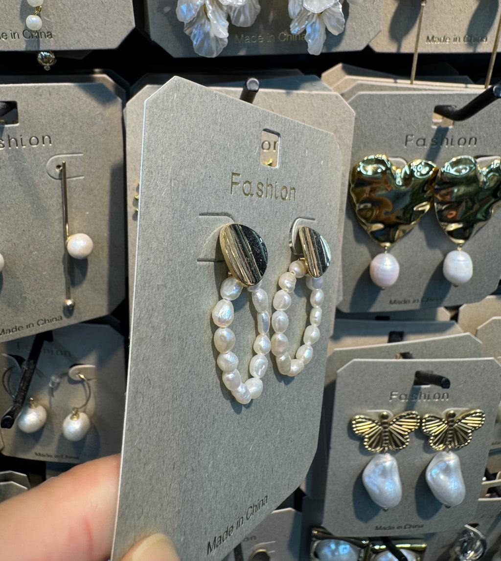 Pearl Loop Shield Stud Earrings - W3-0384