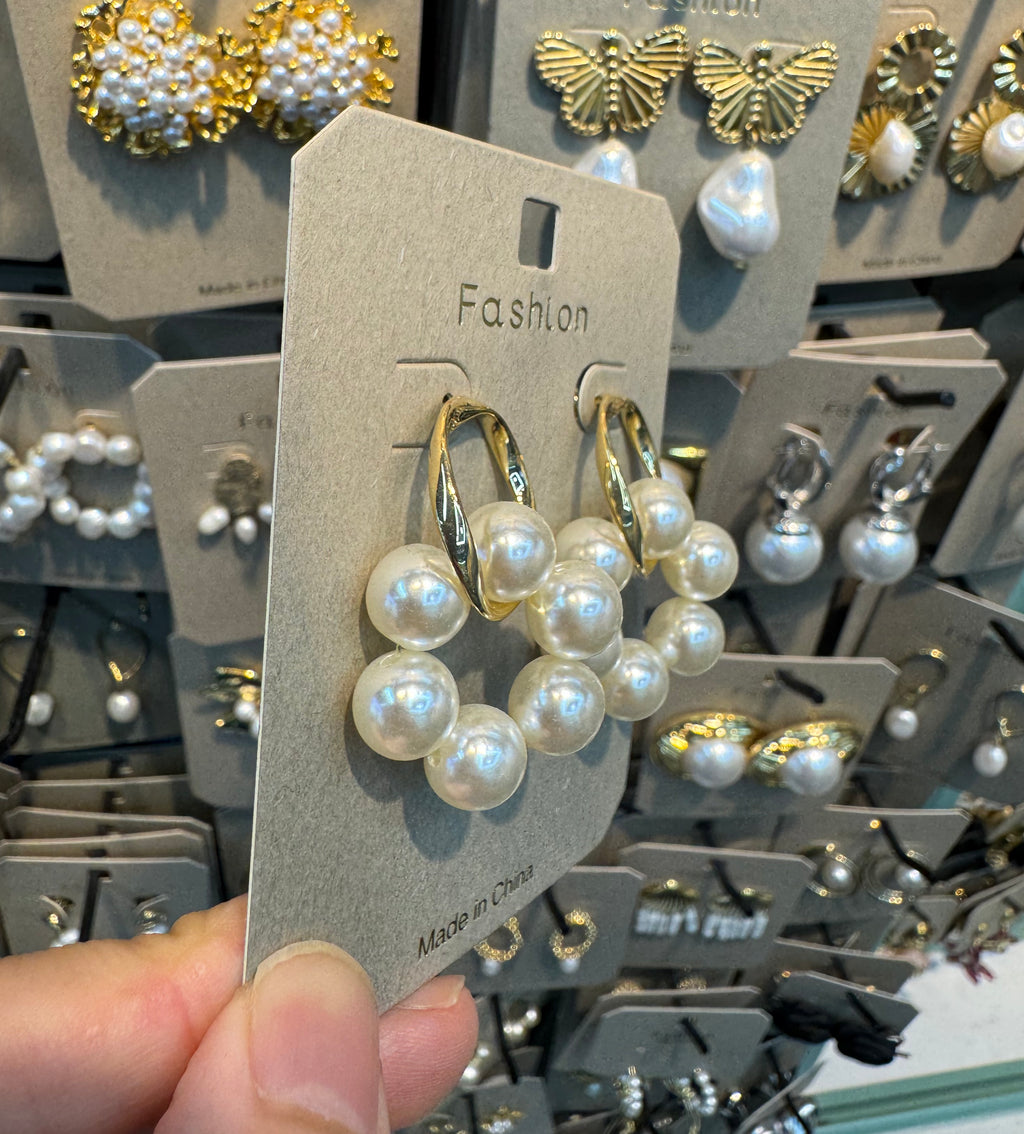 Multi Pearl Charm Hoop Earrings - W3-0388