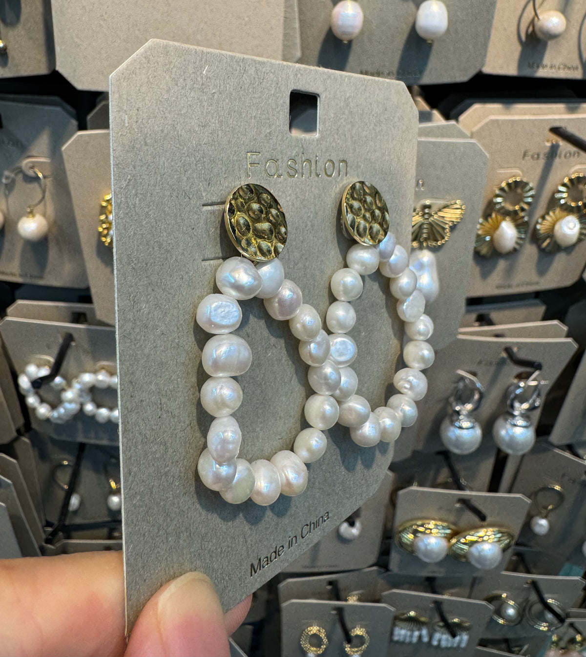 Textured Stud Pearl Loop Earrings - W3-0389