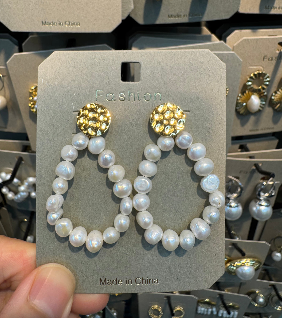Textured Stud Pearl Loop Earrings - W3-0389