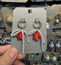 Red Bead Pearl Bow Hoop Earrings - W3-0392