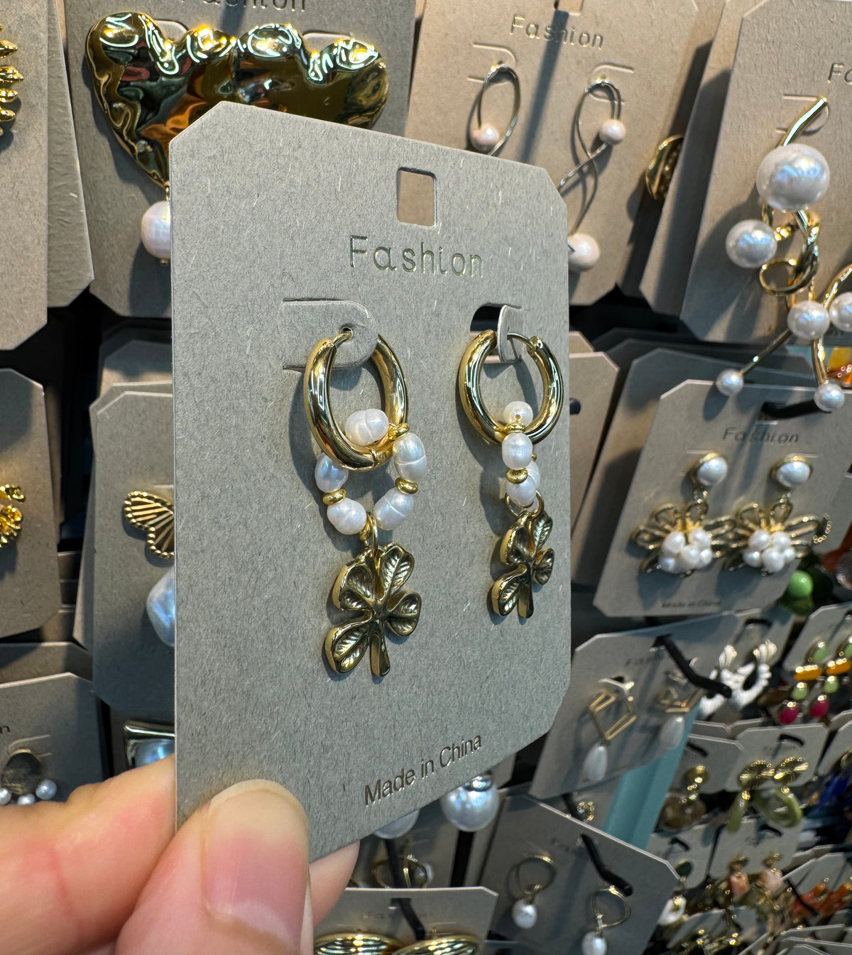 Flower and Pearl Charm Hoops - W3-0393