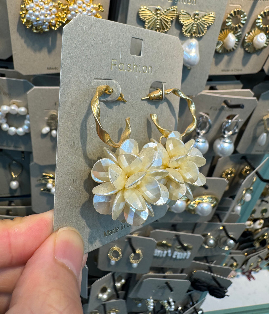 Ivory Flower Charm Hoop Earrings - W3-0401