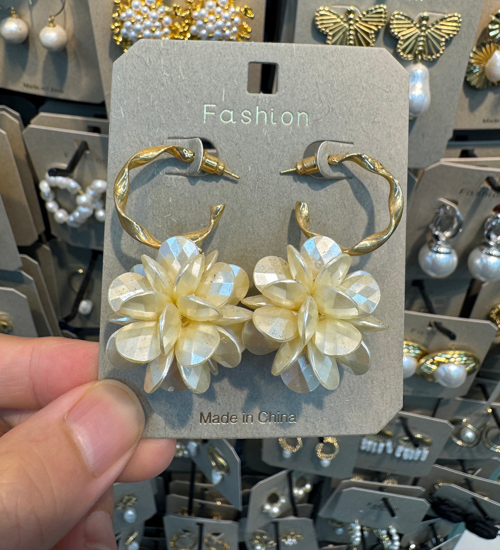 Ivory Flower Charm Hoop Earrings - W3-0401