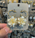 Ivory Flower Charm Hoop Earrings - W3-0401