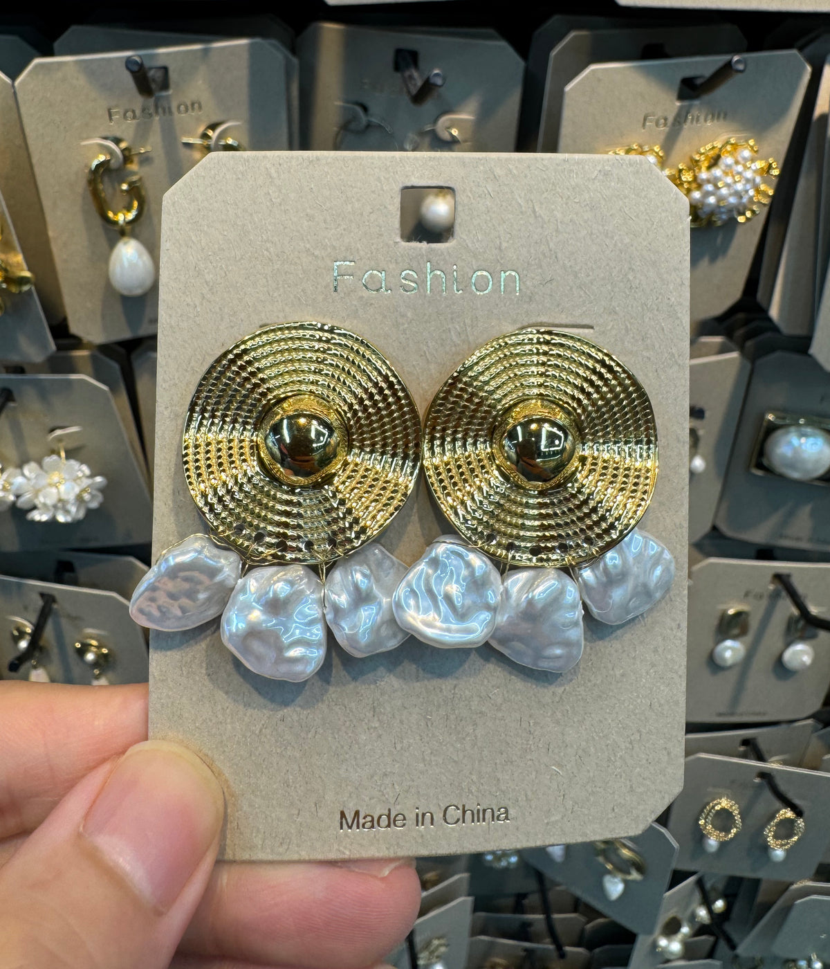 Sunray Disc Pearl Fringe Earrings - W3-0406