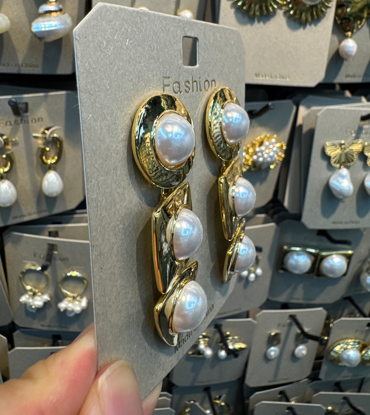 Triple Geometric Pearl Earrings - W3-0408