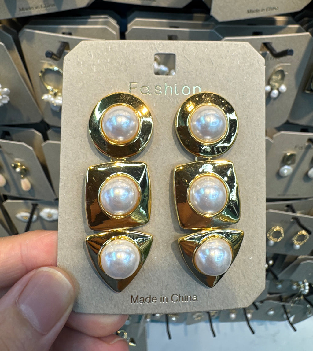 Triple Geometric Pearl Earrings - W3-0408