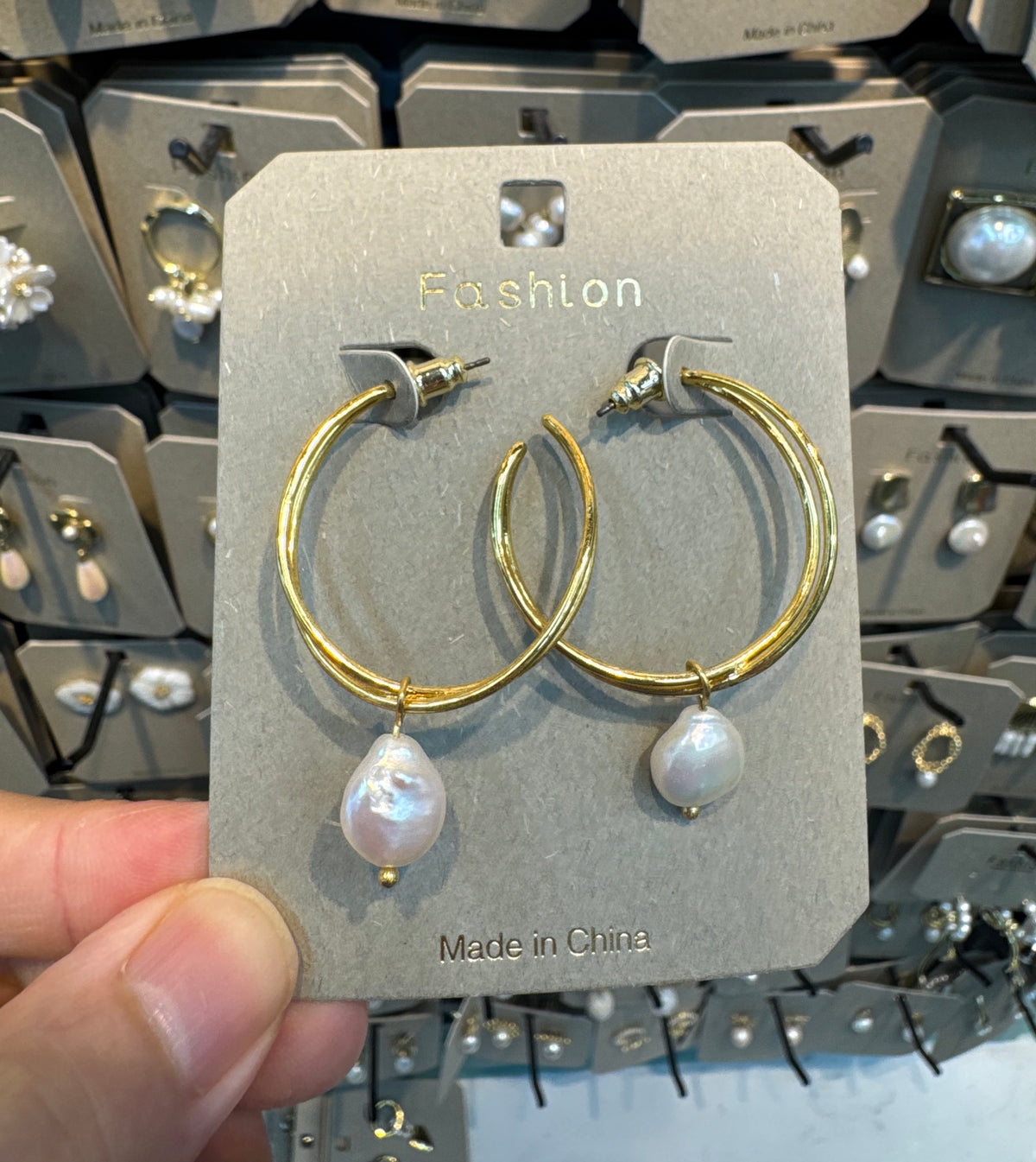 Large Pearl Charm Hoop Earrings - W3-0409