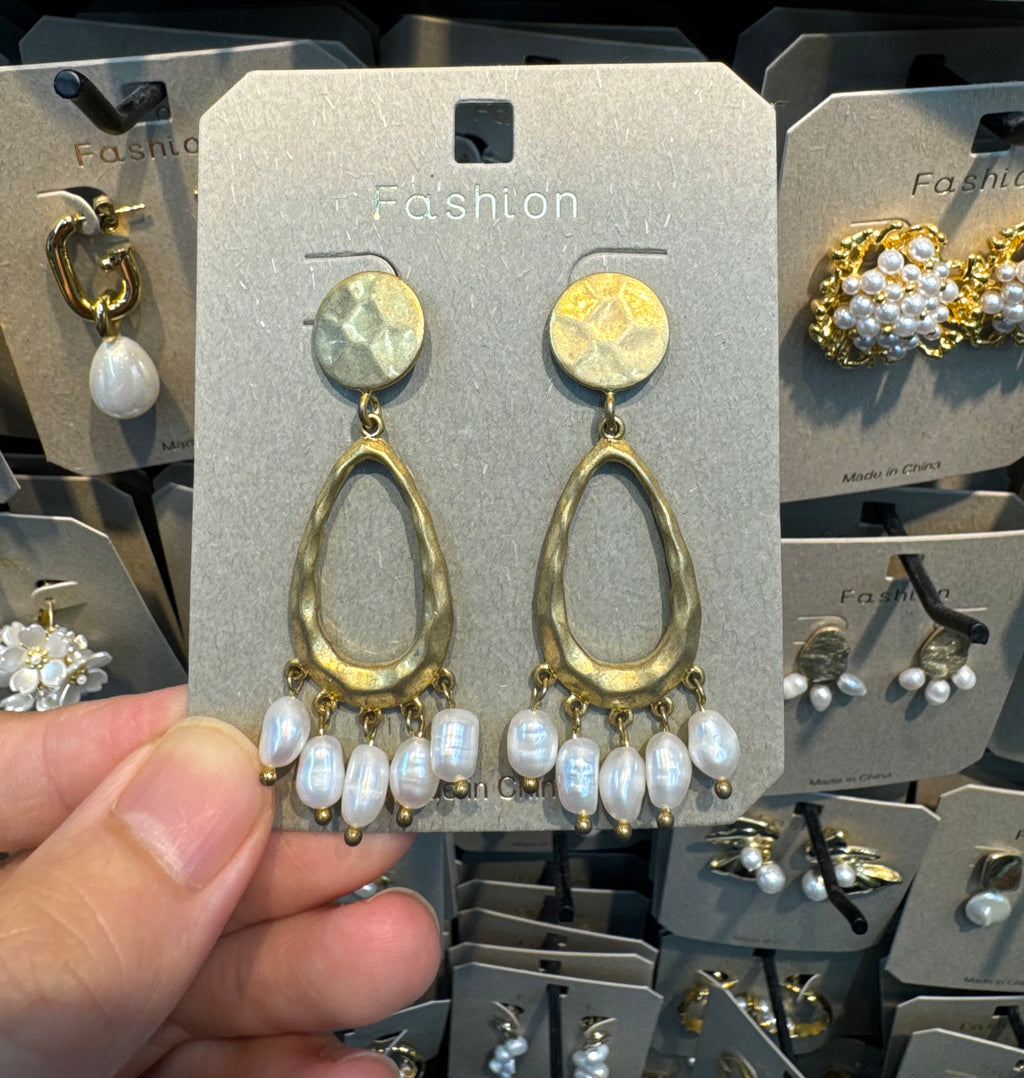 Teardrop Ring Pearl Fringe Earrings - W3-0414