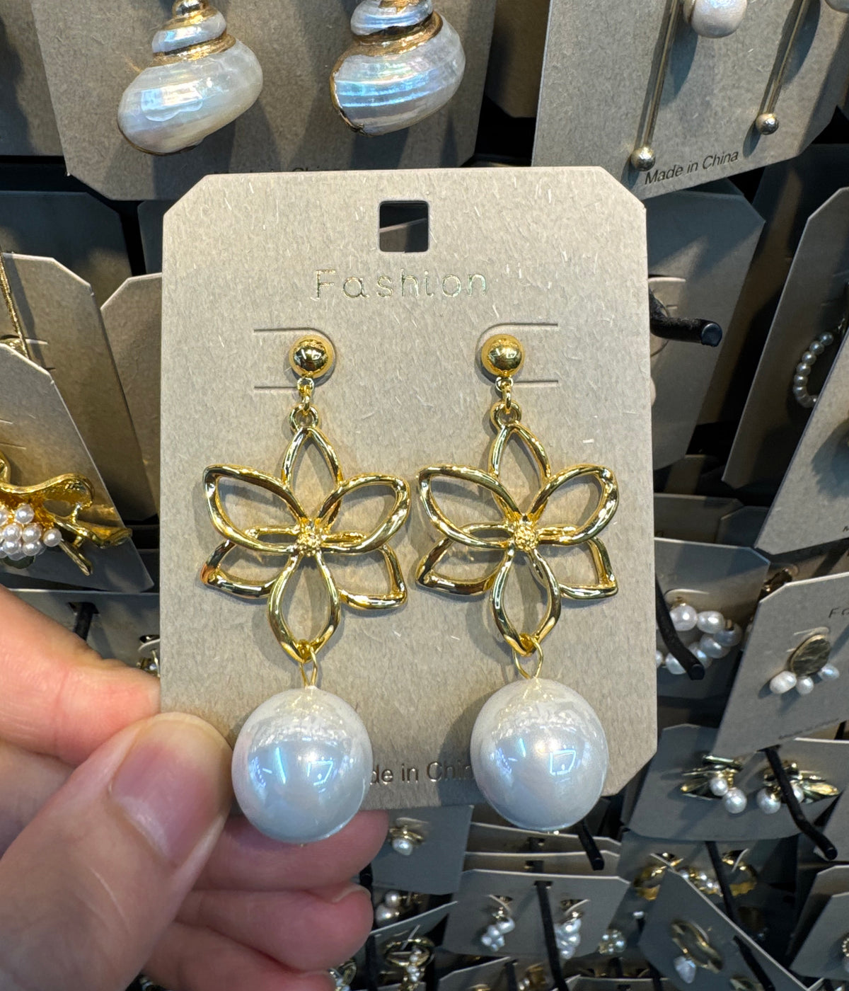 Open Flower Pearl Ball Earrings - W3-0420