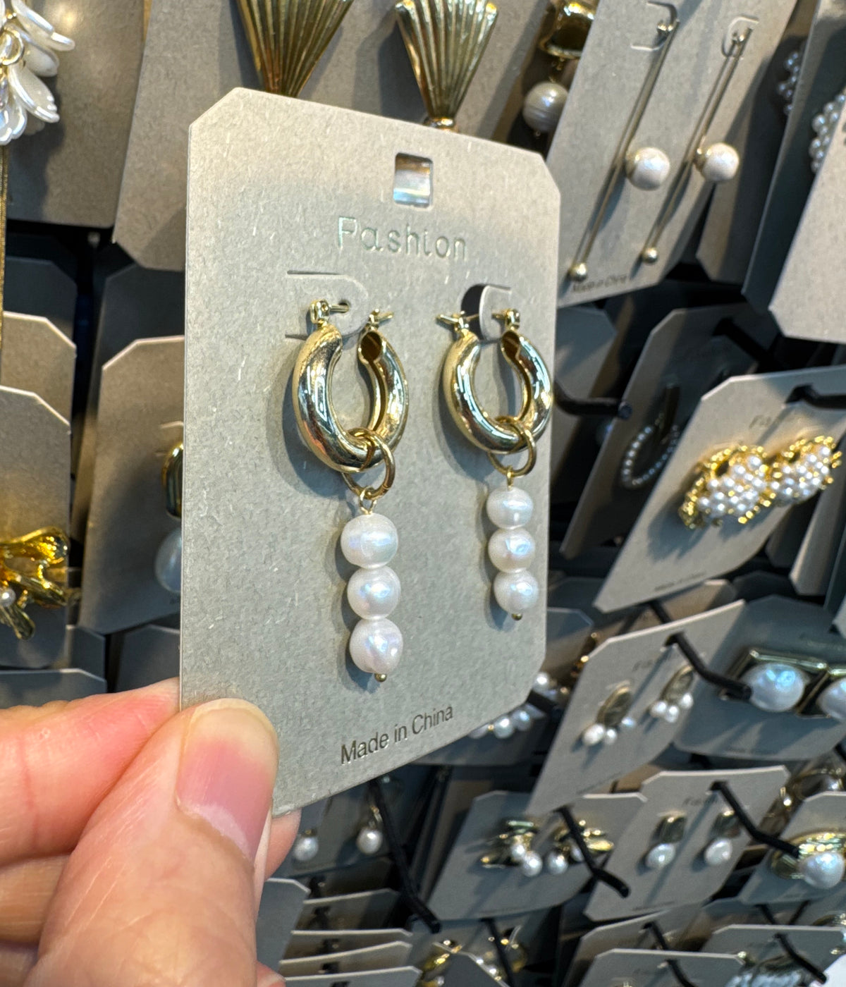 Triple Pearl Charm Hoop Earrings - W3-0421