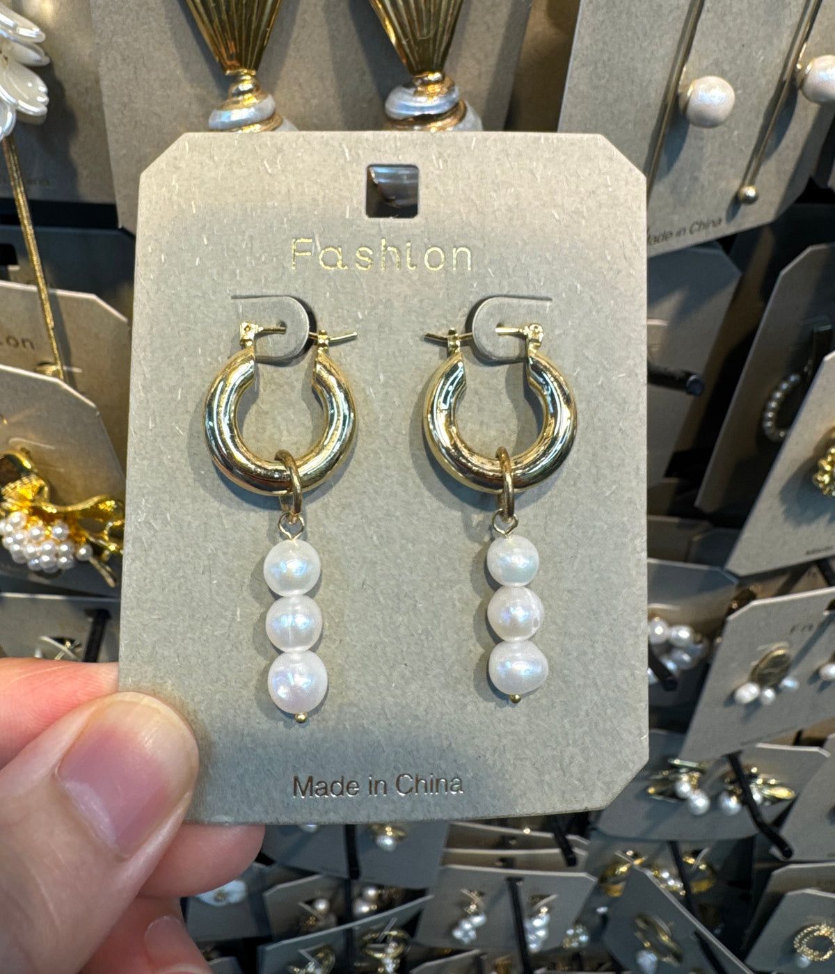 Triple Pearl Charm Hoop Earrings - W3-0421