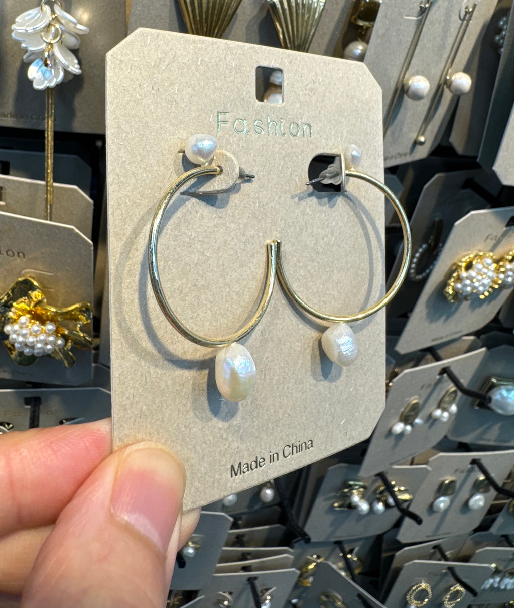 Slim Pearl Drop Hoop Earrings - W3-0422