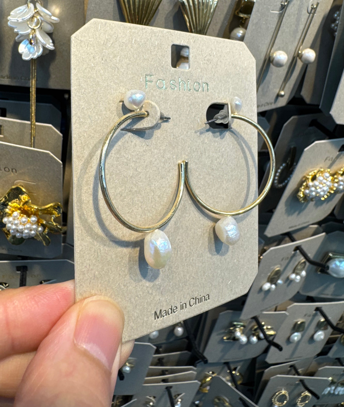 Slim Pearl Drop Hoop Earrings - W3-0422