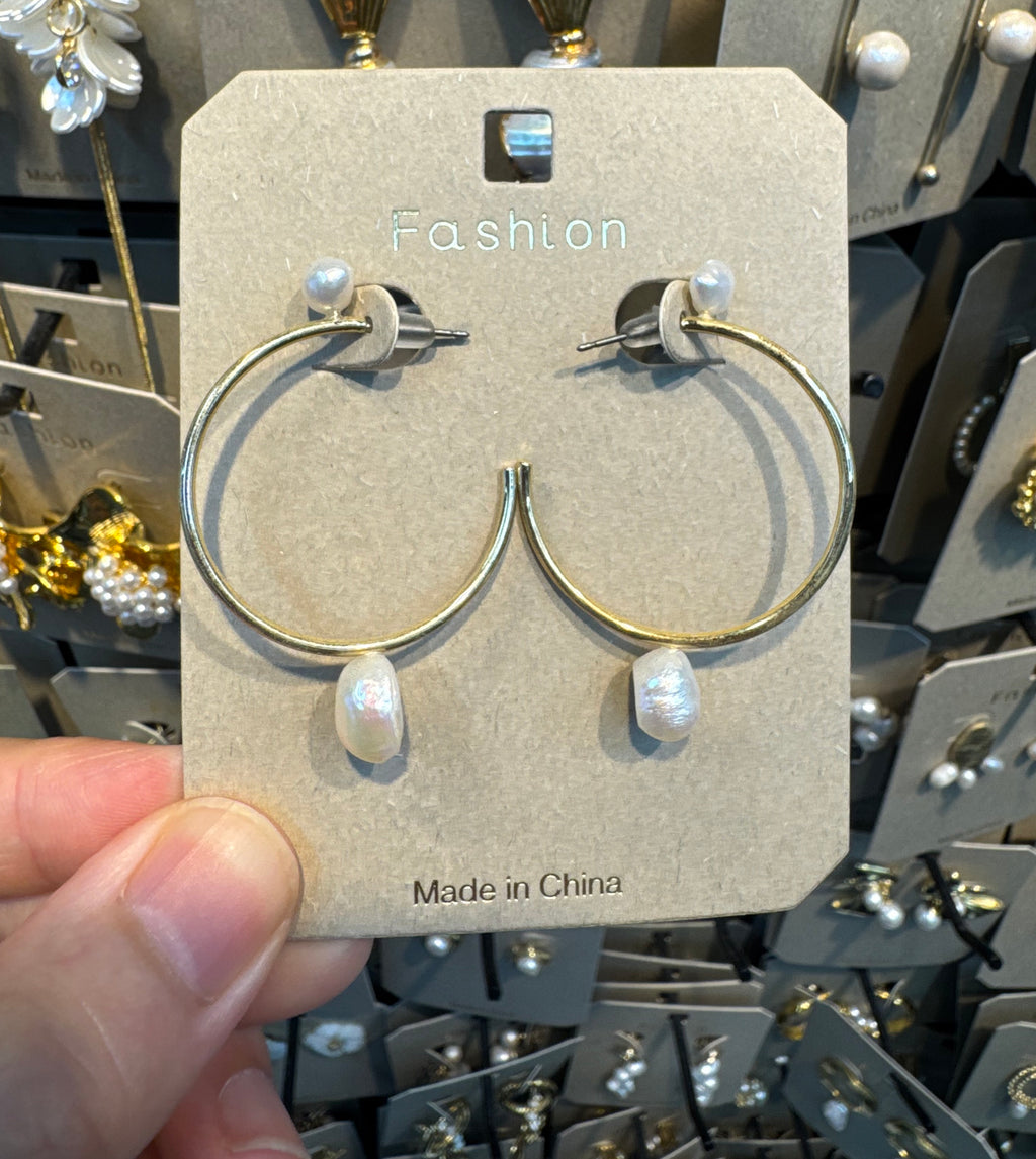 Slim Pearl Drop Hoop Earrings - W3-0422