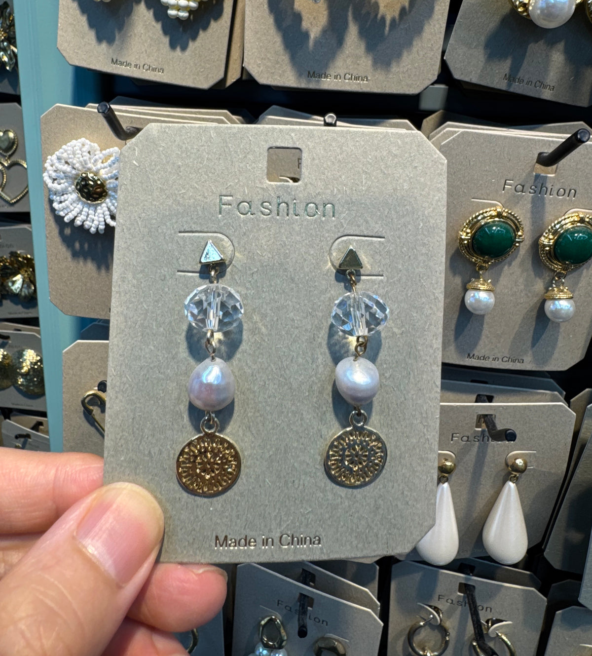Textured Coin Pearl Drop Earrings - W3-0424