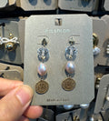 Textured Coin Pearl Drop Earrings - W3-0424