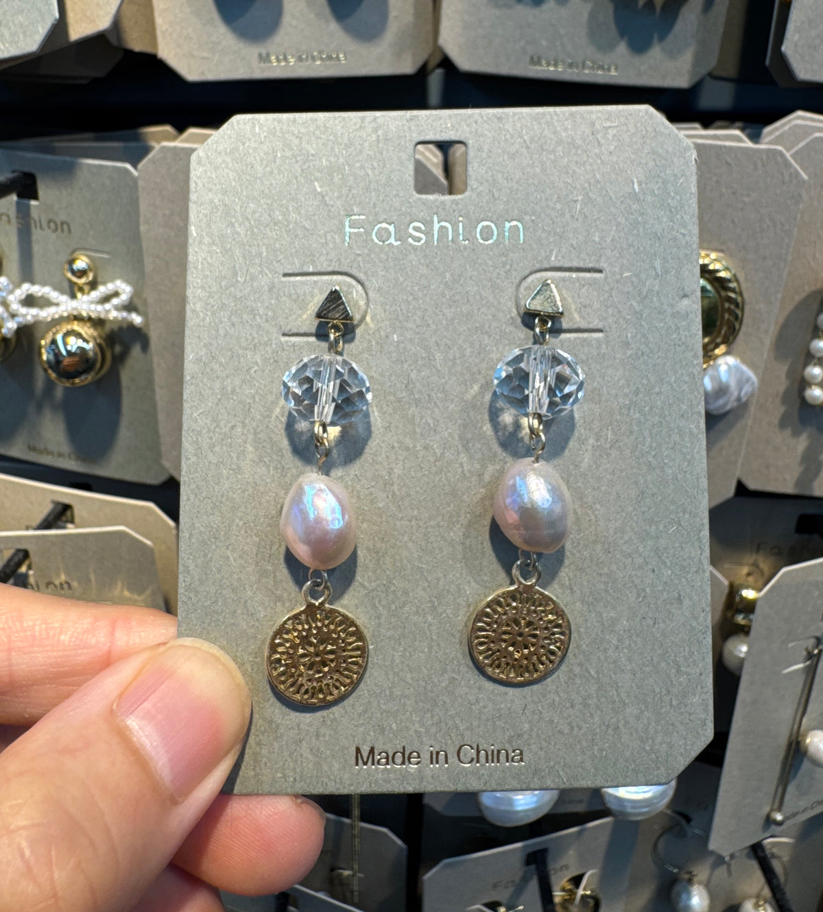 Textured Coin Pearl Drop Earrings - W3-0424