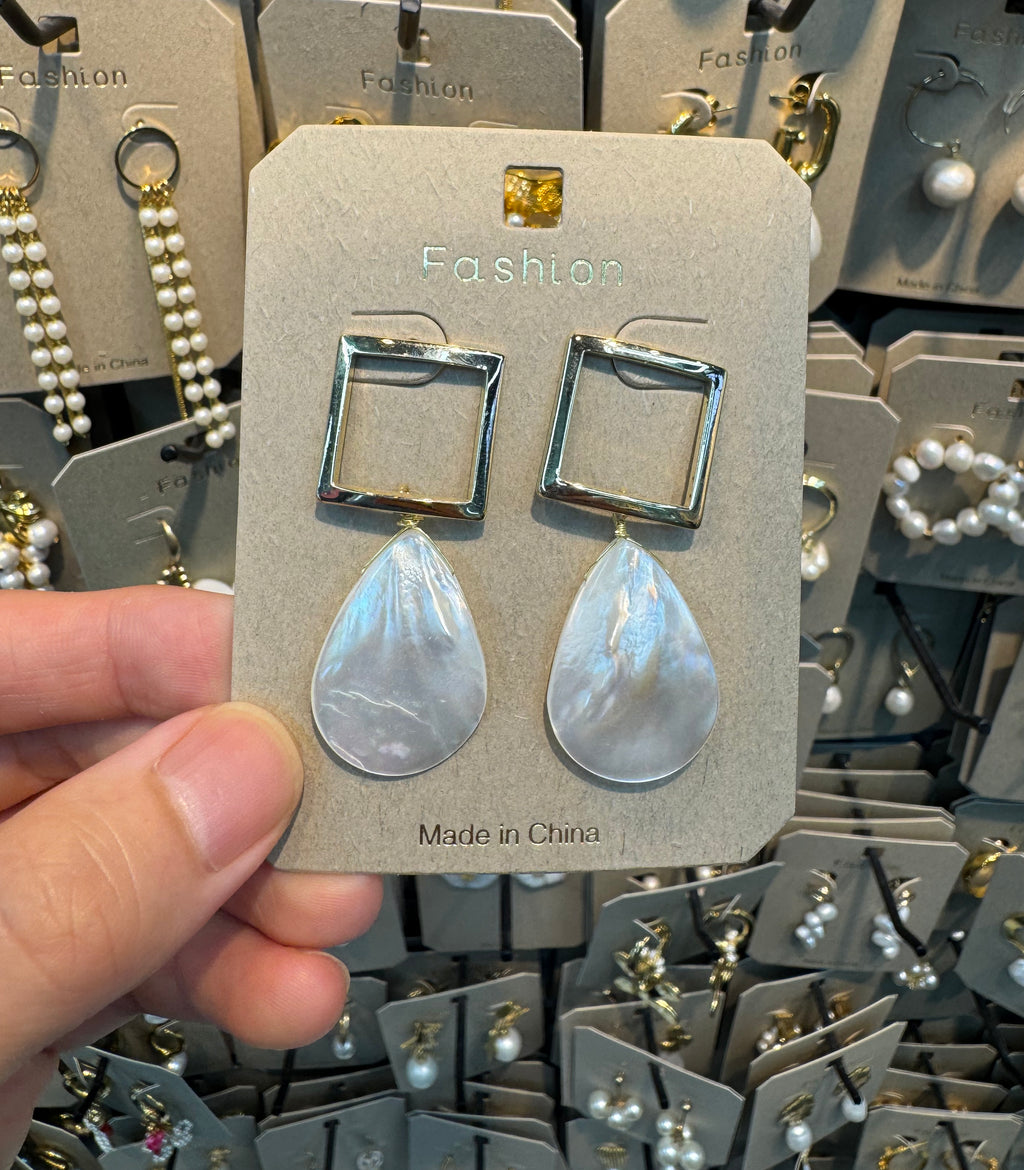Square Frame Pearl Drop Earrings - W3-0438
