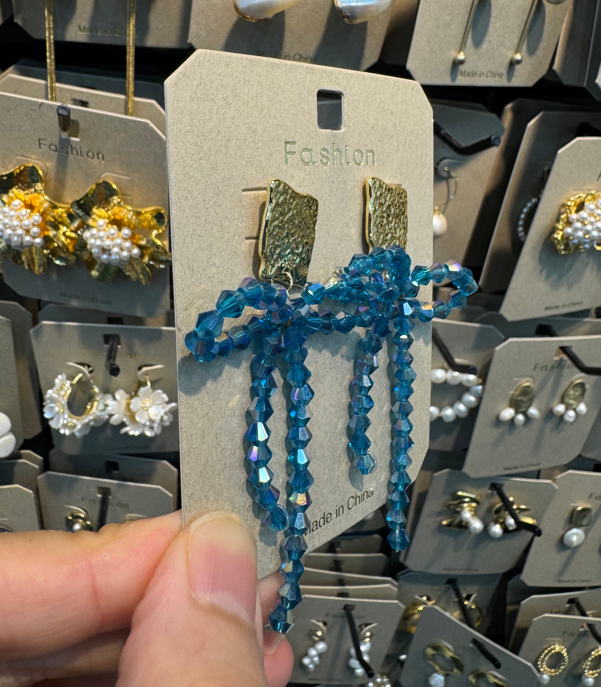 Blue Beaded Bow Drop Earrings - W3-0444