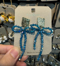 Blue Beaded Bow Drop Earrings - W3-0444
