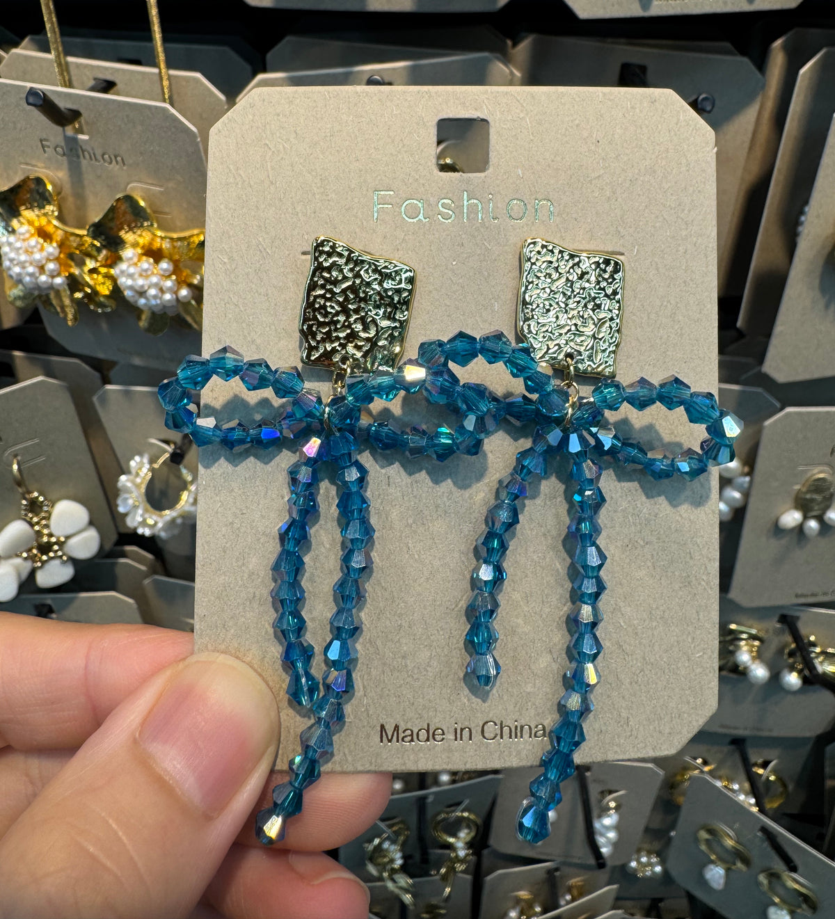 Blue Beaded Bow Drop Earrings - W3-0444