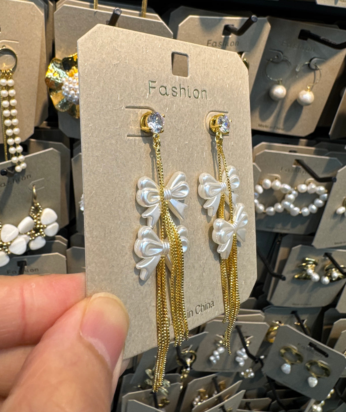 Pearl Bow Chain Tassel Earrings - W3-0448