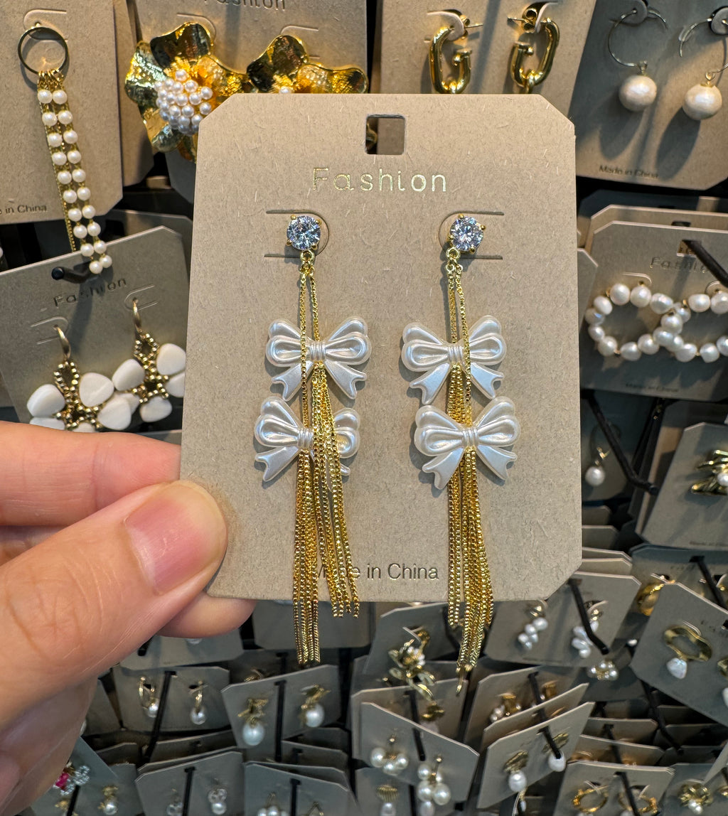 Pearl Bow Chain Tassel Earrings - W3-0448