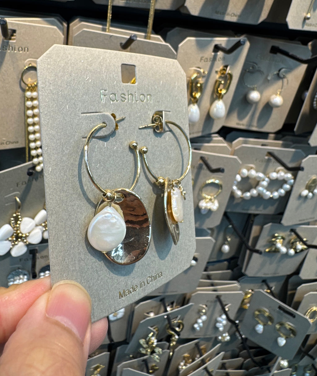 Pearl Disc Double Charm Hoops - W3-0449