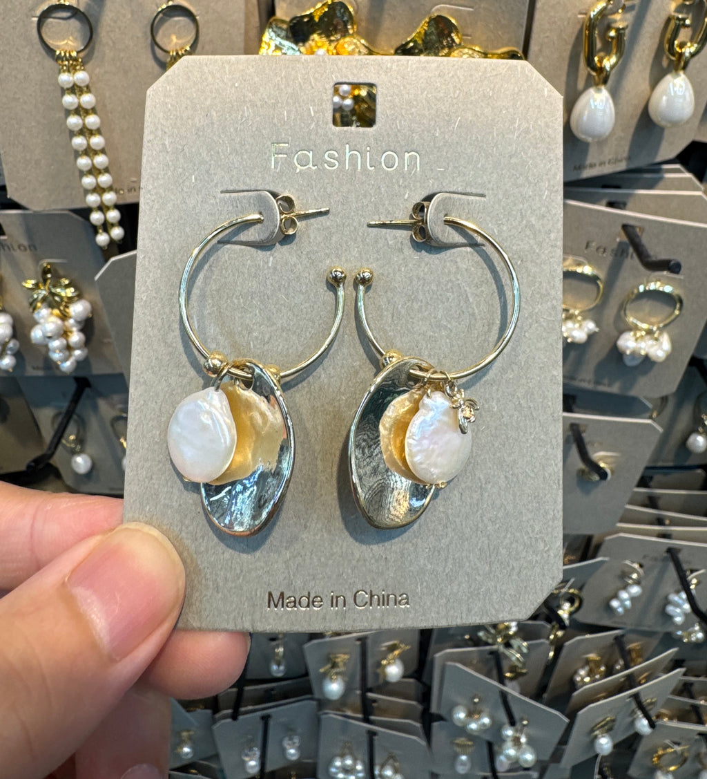 Pearl Disc Double Charm Hoops - W3-0449