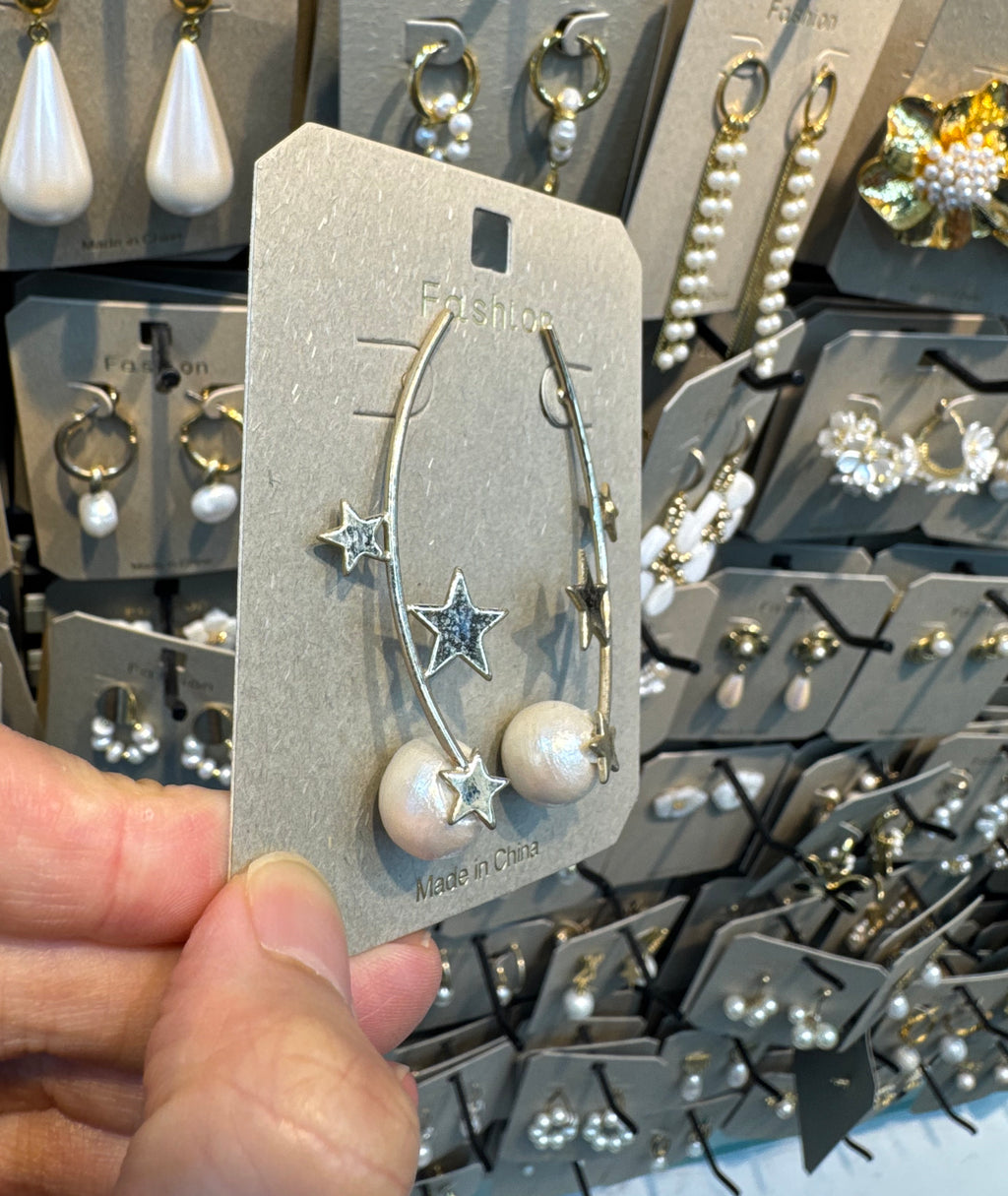 Star Charm Pearl Threader Earrings - W3-0451