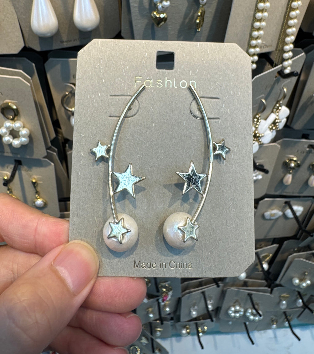 Star Charm Pearl Threader Earrings - W3-0451