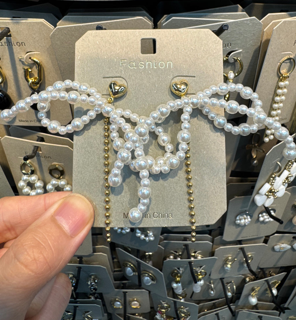 Pearl Bow Chain Fringe Earrings - W3-0456