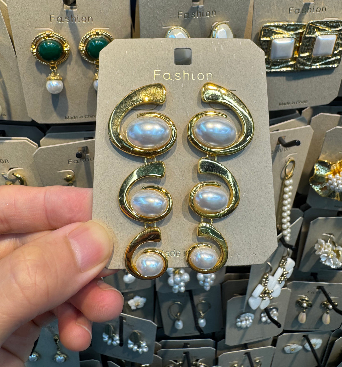 Triple Curved Pearl Drop Earrings - W3-0458