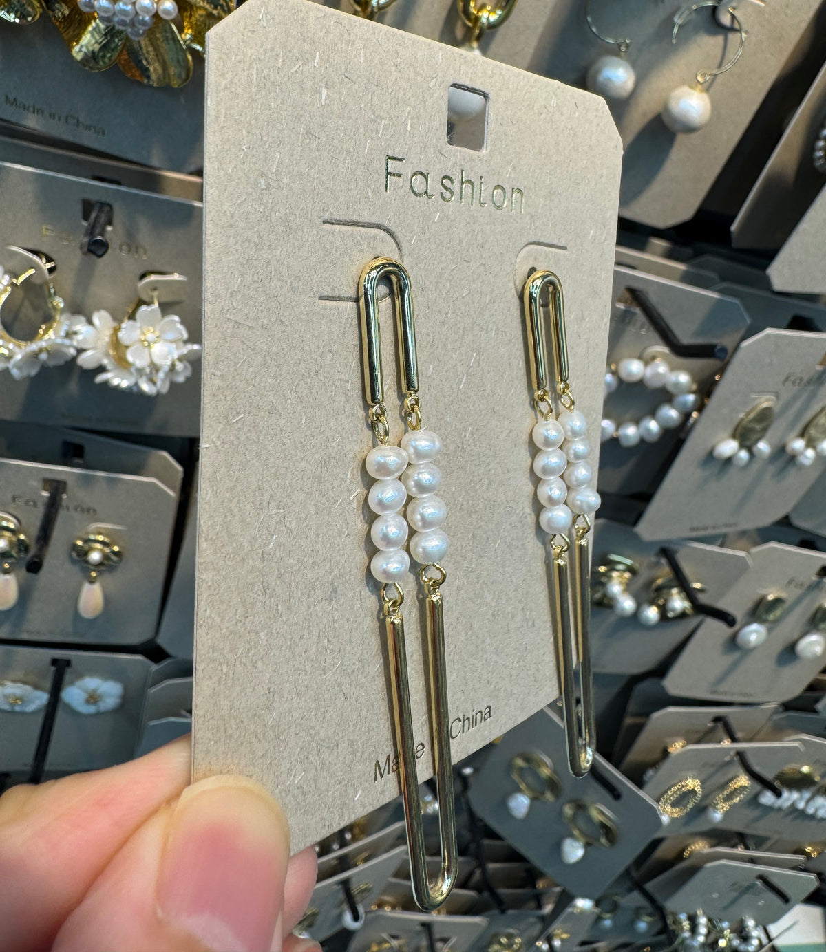 Pearl Bar Long Loop Earrings - W3-0463